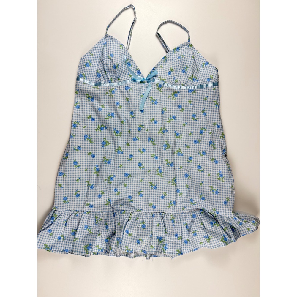 Motel Blue Gingham Floral Babydoll Top XL Ruffle Hem‎ Adjustable Straps V-Neck